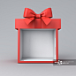 空白的红色礼品盒展台或礼品展展柜，用红色丝带蝴蝶结孤立在灰色背景上，简约的概念图片素材