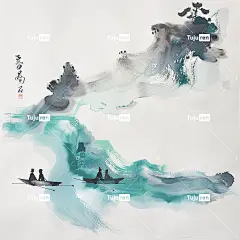 水墨画细致，描绘了远处三个小人物在海浪环绕的岛屿上划船。抽象