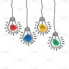 悬挂彩色的矢量灯泡图标与概念的想法。彩色原创标志共同创造。手绘涂鸦。草图设计模板。插图印刷，网页