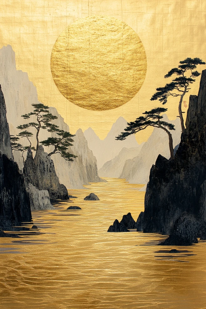 中式鎏金工笔山水画-花瓣网