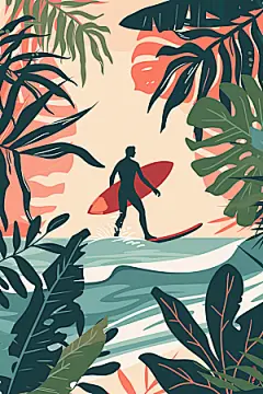 扁平风冲浪夏季手绘插画
