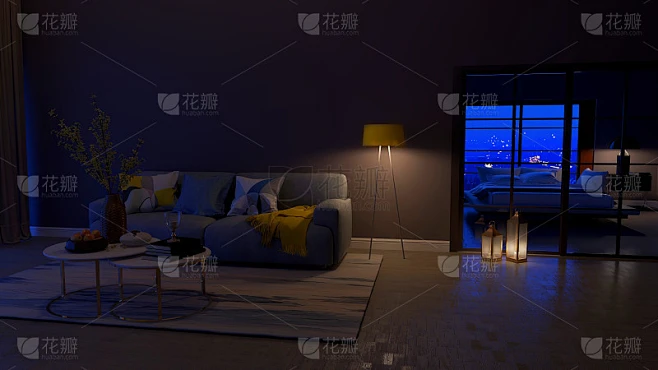 模拟客厅和卧室的现代夜晚室内。开放式室内设计，配有沙发、床和桌子。3D渲染，3D渲染。素材-花瓣网