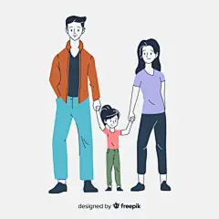 手绘风格的家庭肖像插画父母和孩子