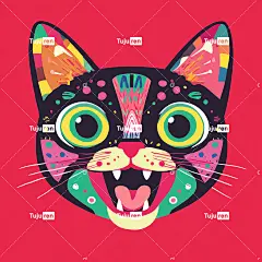 可爱的猫头，大眼睛、大嘴露出牙齿的快乐表情，扁平的插图风格，
