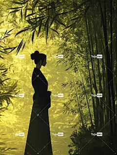 梦幻般的竹林中，女子静静地站在淡黄色的光芒和碧绿的竹影海报