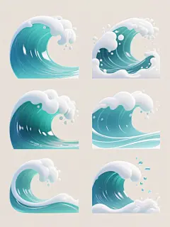 6个不同样式的海浪元素，每个海浪均采用高清数字插画风格，拥有渐变的蓝绿色调，从深蓝到浅蓝过渡自然，浪花呈白色泡沫状，带有半透明质感和细腻的高光反光效果，海浪形态各异，有的呈卷浪状，有的为破碎浪花，有的是平缓波浪，还有的带有溅起的水滴，整体保持统一的卡通化半写实风格，所有海浪元素在浅色背景上以两行三列的方式上下对齐排列，每个海浪之间保持均匀间距，画面简洁干净，无其他装饰元素，突出海浪的动态美感和设计感。