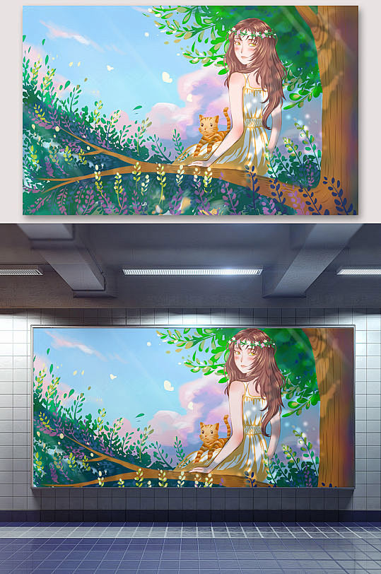 唯美手绘春天少女和猫-众图网