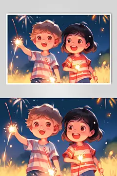 AI数字艺术新年春节龙年福娃放鞭炮插画