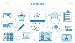E-learning在线教育理念与图标线条风格设置模板横幅与现代蓝色