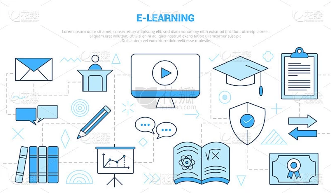 E-learning在线教育理念与图标线条风格设置模板横幅与现代蓝色素材-花瓣网