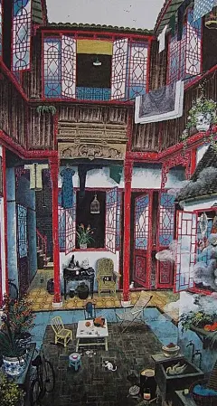 现代重彩画家李守白作品 ——《上海石库门系列：天井生活》
在李守白的作品里，他把石库门里的市井风情艳丽而优雅地在画中铺陈开来：狭窄的弄堂里，一根横杆搁两壁，上面挂晒着各色衣裤;四方的天井中，地上散着几把小凳，屋檐下吊着腌制的咸肉和火腿;在弄堂的拐角处，井边撂着将要洗涤的一盆子衣服，几只小猫在无聊地闲荡……在这些看不见人的风景画中，守白有意让这些主人回避，他想让观众静静地体会石库门那特有的宁静时刻。