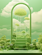 a glass wall with a ladder and a green garden, in the style of dreamlike illustrations, ethereal illustrations, nuclear art, pastoral scenes, light green, cloudcore, deco-pop
