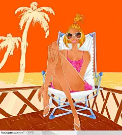 手绘水彩插画女性人物-穿粉色吊带背心坐在椅子上的性感女郎