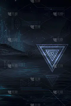 未来主义幻想的夜晚景观与抽象的景观和岛屿，光三角形，辉光，霓虹灯。黑暗的自然场景与光反射在水中。霓虹