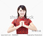 中国新年快乐。微笑的年轻女子表示祝贺-美容/时装服饰,人物-海洛创意(HelloRF)-Shutterstock中国独家合作伙伴-正版图片在线交易平台-站酷旗下品牌