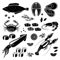 海产品矢量图 合集  - 源文件下载【酷图网】乌贼,龙虾,贝壳,海鱼,螃蟹,刺身,