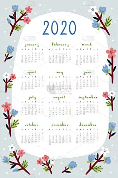 超级可爱的病媒日历2020年。 准备使用带有手绘花的日历模板。 2020年装饰日历设计