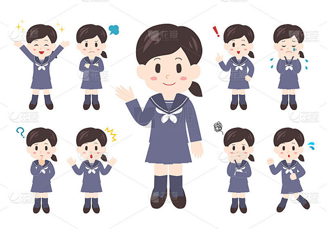 矢量插图的女孩。中学生图标集。矢量插图。