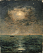 Moonlit Seascape，Alfred Stevens，1892。阿尔弗雷德·史蒂文斯是19世纪后期比利时杰出的现实主义画家。他早期的作品完全遵循传统画法，但后来他开始响应波德莱尔面向现实题材的号召，盛赞马奈、布丹的作品。57岁以后他在海边静养，专门描绘海景~