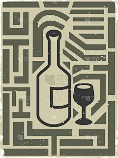 旧海报上的瓶子和玻璃杯