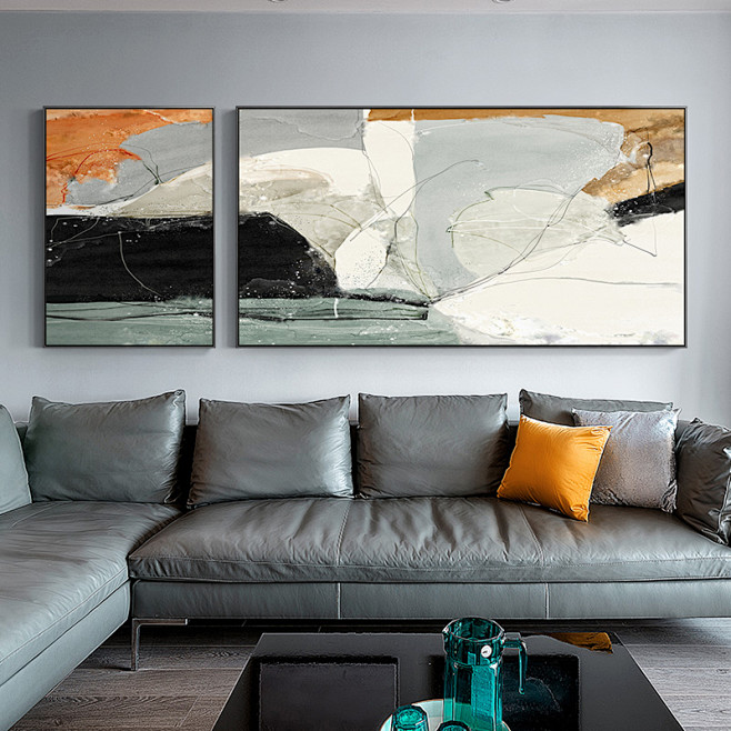 横幅抽象客厅装饰画双联壁画现代简约北欧沙...