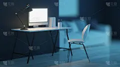 工作场所。办公家具。的夜晚。晚上照明。3 d渲染。