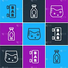 设置街道招牌与酒吧，威士忌和酒饮料的杯子朗姆酒图标。向量