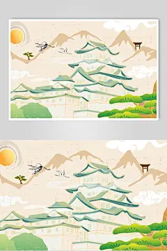 时尚黄绿色高端大气创意古建筑插画-众图网