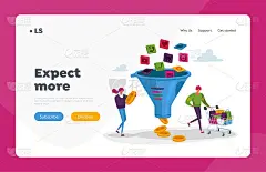 转化率优化登陆页面模板。在巨大的销售漏斗中带有购物车和金钱的小角色