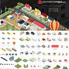 【A1278】eps/ai矢量扁平化立体地图建筑物汽车轨道人物植物素材-淘宝网