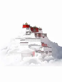 布达拉宫被白色浓雾包围，佛教禅宗平面插图海报
