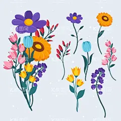 花卉 矢量花  - 源文件下载【酷图网】花卉,矢量花,花朵,红蓝玫瑰,月季,北欧风格元素,绿叶植物,贺卡,花草,花卉植物,鲜花,