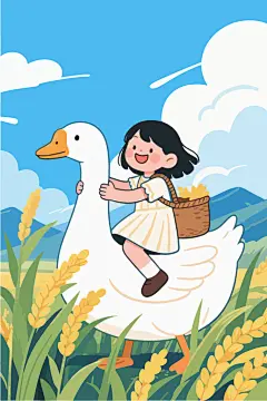 骑着大白鹅的女孩卡通插画