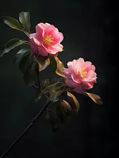 树枝上的两朵山茶花