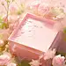 the photograph of a pink box and flowers, in the style of expansive, pale palette, storybook-esque, photobashing, flat surfaces, lush and detailed, sleek