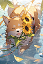 可爱的柴犬在水里玩耍被向日葵包围动漫风格