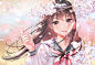 Anime 2048x1414 anime girls anime original characters brunette long hair windy looking at viewer portrait schoolgirl school uniform sailor uniform petals flowers cherry blossom branch bokeh outdoors artwork drawing digital art 2D illustration Morikura En 