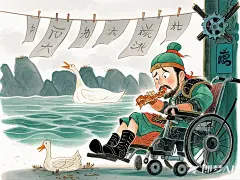 中国经典_三国演义动画剧本《荆江疯云》绘本分镜03：轮椅诡影关键场景：吕蒙瘫坐轮椅啃鸭脖，轮椅下藏精钢战靴情感转折：阴谋初现的黑色幽默AI提示词：景别：近景主体特征：轮椅扶手暗藏机关按钮，鸭骨拼成“袭
