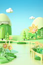 春季春天卡通3D立体C4D植物场景图片_潮国创意