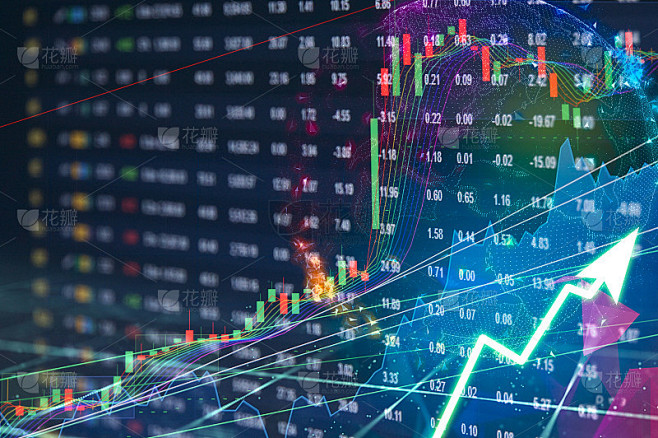 股票市场数字图形图表上的LED显示概念。大量展示每日股票市场价格和报价。指标金融外汇贸易教育背景。