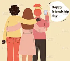 三个好朋友在手机上自拍，拥抱。祝闺蜜友谊节快乐。卡通女性扁平人物，从后面看。矢量插图。女人的爱,关系