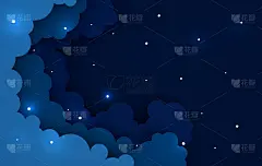 纸艺术彩色蓬松的云彩背景与文字的地方。现代3d渲染折纸艺术风格。纸一样的夜空，闪烁着星星