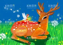 儿童插画精灵与鹿  - 源文件下载【酷图网】鹿,梅花鹿,夜空,草地,萤火虫,精灵,插画,手绘,儿童插画,卡通,小灯笼,画,童真,童话,在草地中的鹿,人物,卡通人物,幼儿,蝴蝶,发光的蝴蝶,厚涂