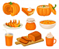 Pumpkin dishes set, pie, jam jar, fruitcake, porridge, spice whipped latte, smoothie  illustration on a white background