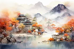 枫叶红叶植物水墨风秋天秋季自然风景插画