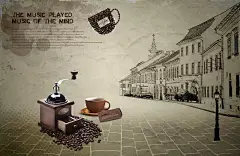 咖啡豆手绘古镇背景素材PSD分层素材|psd格式|PSD素材|背景|插画|古镇|黑白|建筑|街道|咖啡|咖啡豆|咖啡机|路灯|矢量|手绘|素材|图片|唯美|文字|线稿