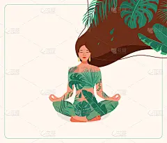 心灵健康矢量插图。年轻女子坐在瑜伽莲花姿势穿着树叶衣服。长有热带植物的毛发。积极思考创意概念