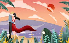 手绘唯美夕阳情侣情人节原创插画海报情人节情人浪漫