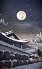 中国风美丽景色月夜飘雪古墙屋檐松枝风景合成海报 合成设计 风景场景