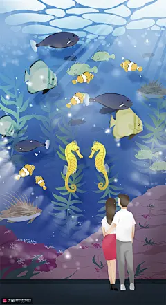 游玩海底世界彩色手绘海洋馆旅行插画 旅游出行 水上乐园